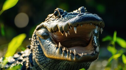 Obraz premium Crocodilian stares with open mouth, showing teeth, in the jungle with vegetation