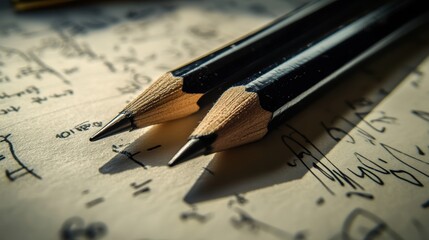 Two sharpened black pencils rest on a sheet filled with handwritten mathematical formulas and notes in ink.