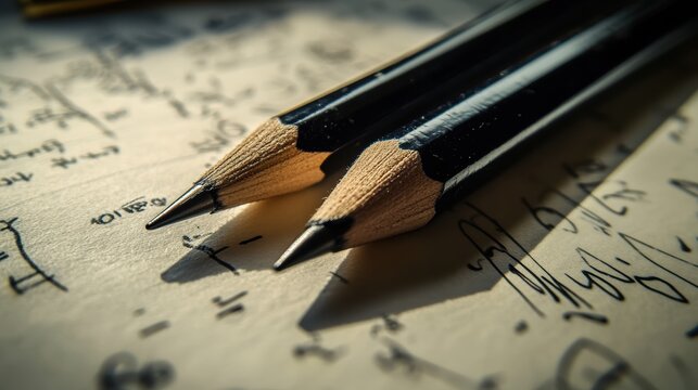 Two sharpened black pencils rest on a sheet filled with handwritten mathematical formulas and notes in ink.