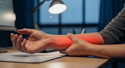 painful arm and wrist with red highlights, suffering from repetitive strain injury at work desk