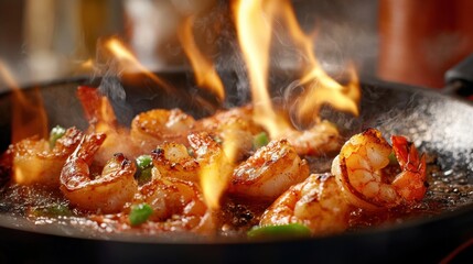 Plump shrimp are being flambeed in a hot skillet, flames erupting as they cook. Fresh herbs and seasonings add color and flavor to the vibrant dish
