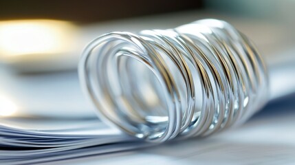 A close-up image of a shiny silver metal spring lying on a surface with a blurred background.