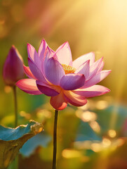 Fototapeta premium Beautiful Flower Illuminated by Golden Sunlight in Nature Background