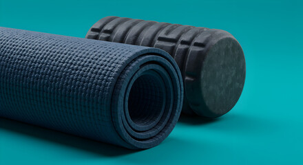 Rolled Yoga Mat and Foam Roller on Teal Background