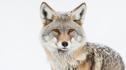 Obraz premium Winter coyote headshot reveals piercing gaze amid snowy landscape; soft fur