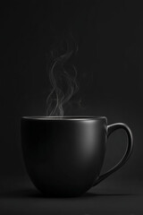 Black Coffee Mug with Steam Effect Isolated on Dark Background