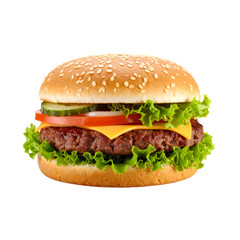 A classic cheeseburger with a sesame seed bun, fresh lettuce, tomato slices, pickles, cheddar cheese, and a juicy beef patty.