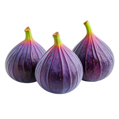 Three ripe purple figs with green stems, showing smooth, slightly speckled skin and a plump, rounded shape.