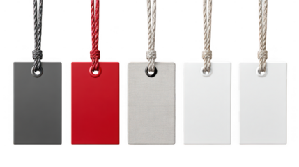 Five color tags with rope isolated on transparent background