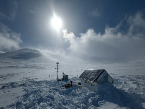 Arctic research weather station minimalist design: solar panels glare on snow for climate data collection outpost 