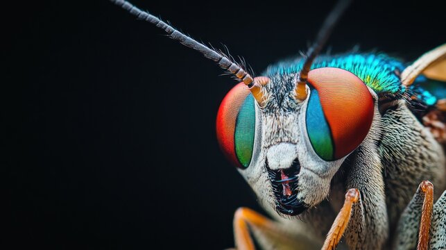 Extreme close-up of a fly with vibrant orange eyes against a contrasting black backdrop