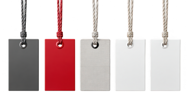 Five color tags with rope isolated on transparent background