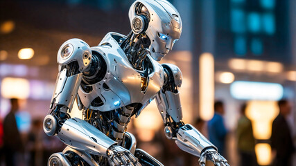 Fototapeta premium A humanoid robot working in an industrial or transport setting—possibly at an airport, in customs, at a port, or on a factory assembly line. 