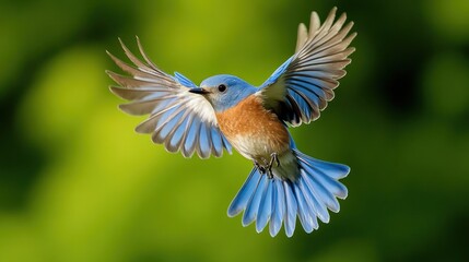 A vibrant blue bird soars through a blurred green forest backdrop