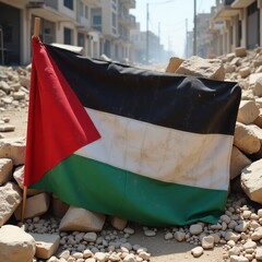  A Palestinian flag (black, white, green, red) draped over a makeshift barricade of rubble and stones in a conflict zone. The flag is dusty but intact, contrasting with the chaotic surroundings. The b