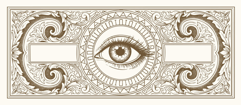 Intricate vintage engraving of an all-seeing eye surrounded by ornate floral baroque patterns, symmetrical layout, detailed linework, mystical symbolism