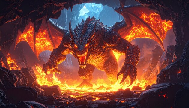 Infernal Dragon Emerging from a Fiery Lair, Majestic Creature Forged in the Flames of the Underworld - Powered by Adobe