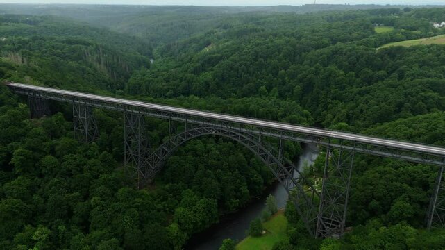 Drone flight above Mungstener Brucke moving left to right in Solingen, Germany