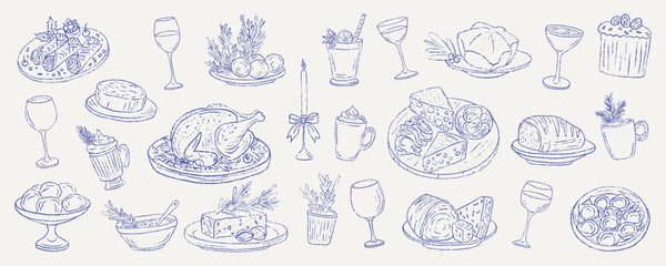 Set of traditional winter Italian food for festive Capodanno and Natale dinner. Featuring cannoli, struffoli, pandoro star bread, cured meat, grill chicken, panettone. Outline vector illustration.