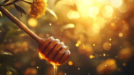 Honey cascading from a wooden spoon droplets frozen
