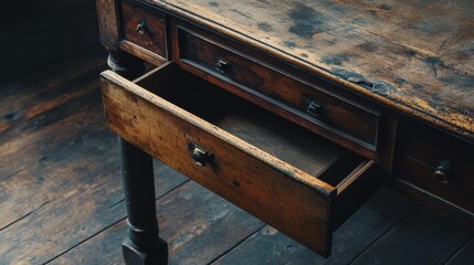 A rustic wooden table with a partially open drawer reveals its aged texture and vintage craftsmanship in a dimly lit room.