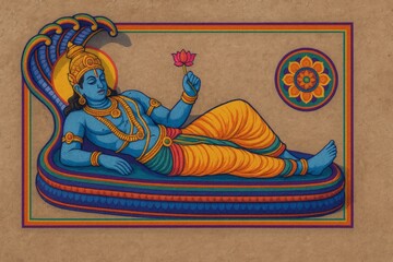 Reclining Vishnu Rangoli Made of Colored Powders on Riverbed, Drone View of Intricate Hindu Art at Temple Festival 