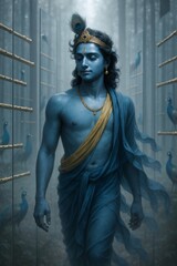 Blue Krishna Walking Through Mirror Forest with Flutes and Peacocks in Foggy Light