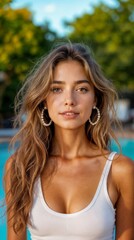 Naklejka premium Beautiful tanned woman with long brown wavy hair and pearl earrings is posing near a swimming pool, wearing a white top, in a sunny summer day