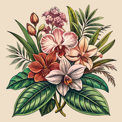 Classic Vintage Floral Art of Blooming Orchids in Elegant Style