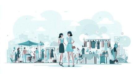 Naklejka premium Two women converse amidst a bustling outdoor market