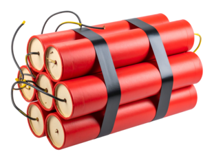 A bundle of red dynamite sticks with intricate wiring stands ready for a powerful detonation.