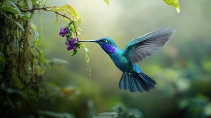Naklejka premium A hummingbird in flight, feeding on a flower, amidst lush greenery
