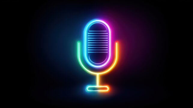 Glowing neon mic on dark background for podcast and live concepts