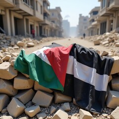  A Palestinian flag (black, white, green, red) draped over a makeshift barricade of rubble and stones in a conflict zone. The flag is dusty but intact, contrasting with the chaotic surroundings. The b