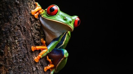 Fototapeta premium Vibrant red-eyed tree frog clinging to a tree trunk