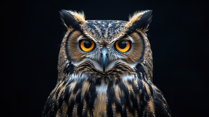 Focused portrait of an owl with intense, golden eyes against a dark backdrop