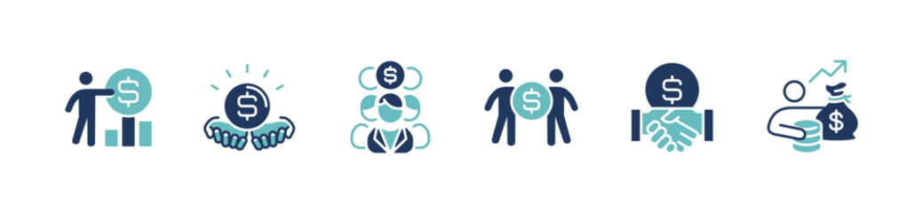Obraz premium investor people hand holding coin money icon set business asset investment success finance profit gain signs vector illustration for web and app