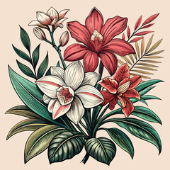 Classic Vintage Floral Art of Blooming Orchids in Elegant Style