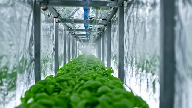 Indoor Hydroponic Basil Farm: Rows of lush green basil plants thriving under controlled conditions in a modern hydroponic system.