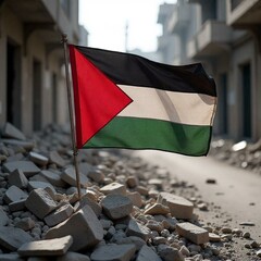  A Palestinian flag (black, white, green, red) draped over a makeshift barricade of rubble and stones in a conflict zone. The flag is dusty but intact, contrasting with the chaotic surroundings. The b