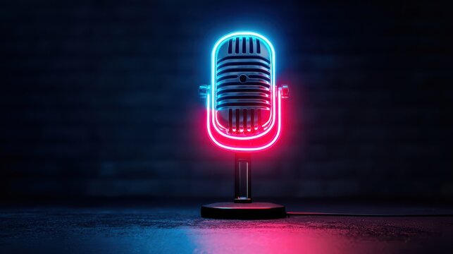 Neon microphone sign on dark wall for music podcast and entertainment themes