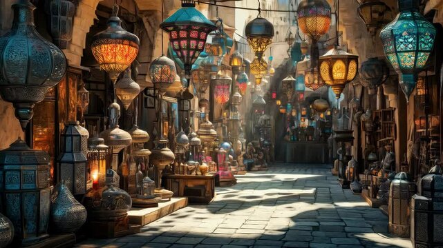 Oriental filigree lanterns, filigree metallic art objects and traditional architecture in a Middle Eastern old bazaar