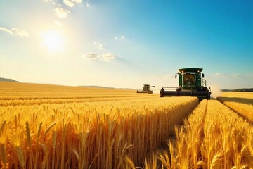 Fototapeta premium Golden wheat field under a summer sun, ripe for harvest Combines in the distance, ready to bring in the bounty A picturesque scene of rural agriculture , abundant harvest, farming life