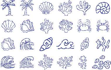 Hand drawn summer vintage icon set. Hand Drawn Beach and Ocean Doodle Icon Set Palm Trees, Seashells, Waves, Coral, Crabs, Seaweed, Nautical Elements, Blue Sketch Style