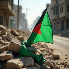  A Palestinian flag (black, white, green, red) draped over a makeshift barricade of rubble and stones in a conflict zone. The flag is dusty but intact, contrasting with the chaotic surroundings. The b