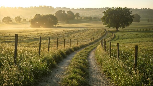 Rustic dirt path winding through a sunlit meadow at dawn, surrounded by lush greenery and gentle hills