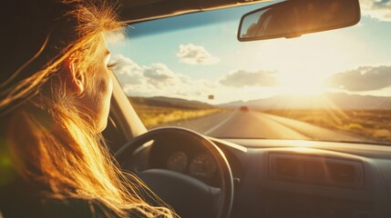 Fototapeta premium Woman driving toward a sunset on open road, seen from the passenger seat
