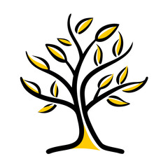 Obraz premium Abstract black tree with yellow leaves on a white background 
