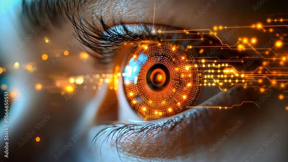Poster closeup of a bionic eye with glowing circuits. concept of artificial intelligence integration.