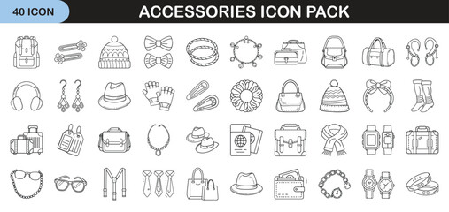 Vector Line Icons of Fashion Accessories Pack, Black and white line icon set featuring 40 fashion accessories including bags, hats, jewelry, and sunglasses for design use.
